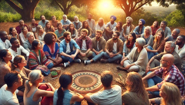 Open meeting, people sat together on the ground in a circle
