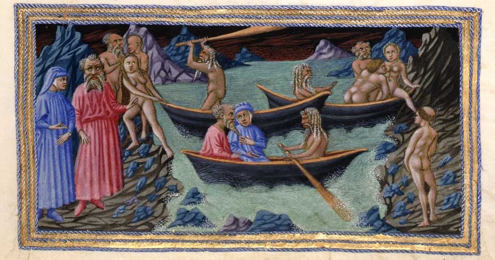 Dante and Virgil approach the river Acheron; Charon raises an oar against a group of souls; Charon ferries souls; Charon ferries Dante and Virgil; a monk